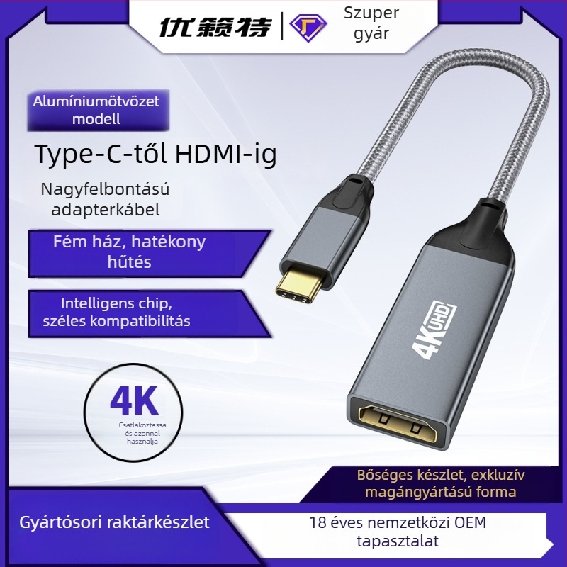 Type-C to HDMI női adapterkábel, 4K60Hz, PS176 chip, hossza 0,2 m