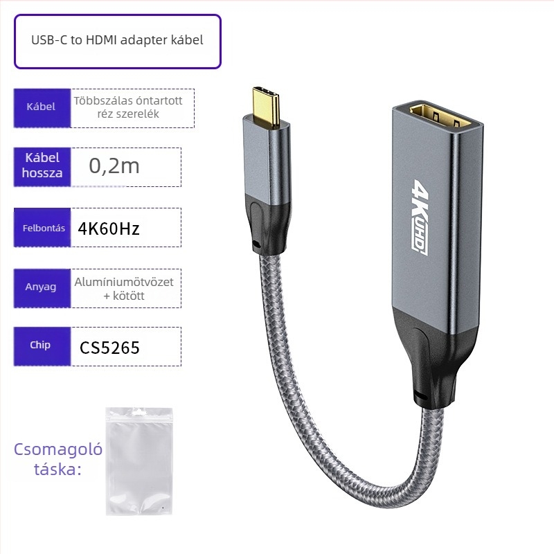 Type-C to HDMI női adapterkábel, 4K60Hz, PS176 chip, hossza 0,2 m