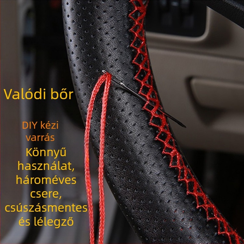Kézzel varrt kormánykerék-huzat, univerzális modell, minden évszakra, valódi bőrből, teherautókhoz és buszokhoz