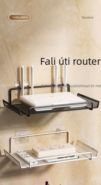 Router elhelyező polc – falra szerelhető, vasból, snap-on szerelés, 1 réteg, nappali tárolására