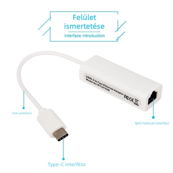 Type-C–RJ45 Ethernet adapter, 100 Mbps, importált chip, MD1, hossz 0.15 m