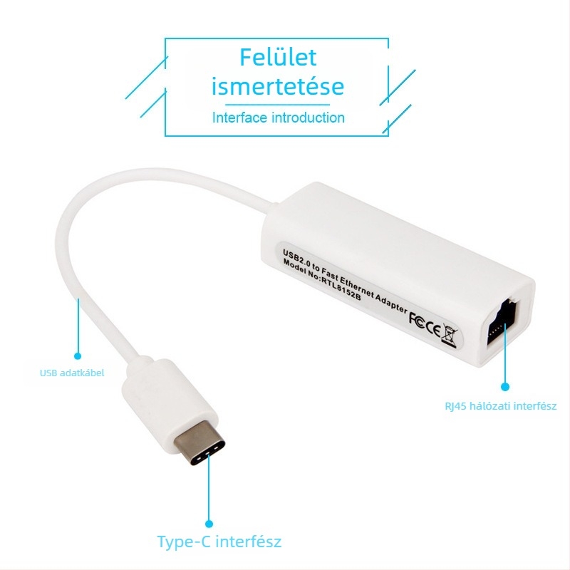 Type-C–RJ45 Ethernet adapter, 100 Mbps, importált chip, MD1, hossz 0.15 m