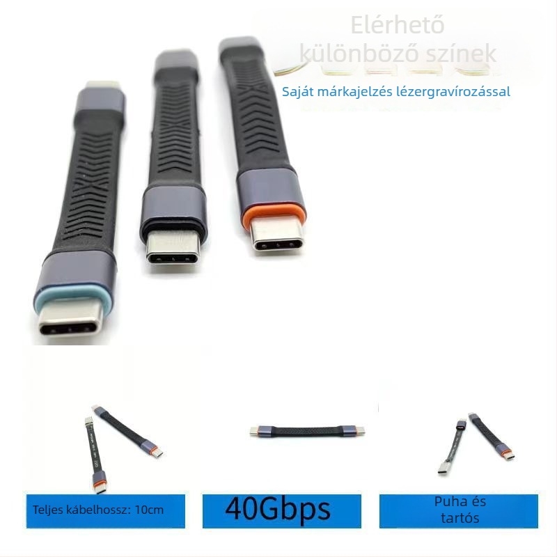 Type-C–ról Type-C-re adapter kábel DP interfeszsel, 40 Gbps, rézmag, 10 cm lapos hajlékony kábel, kettős fejű csatlakozók