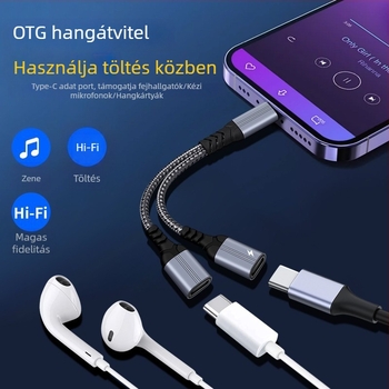 Huiyue Type-C 1-2 adapterkábel, rézmaggal, 2 kimenet hallgatókhoz és töltéshez