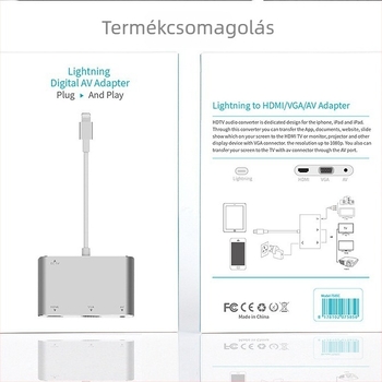 Lightning→HDMI+VGA adapter iPhone-hoz, 7585C modell, 0.8 m hosszúságú, HDMI interfész, 1×3 osztó