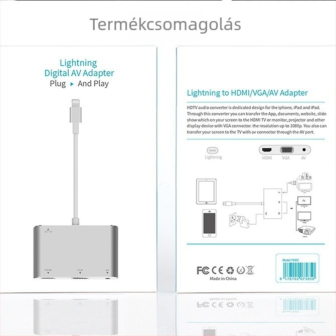 Lightning→HDMI+VGA adapter iPhone-hoz, 7585C modell, 0.8 m hosszúságú, HDMI interfész, 1×3 osztó