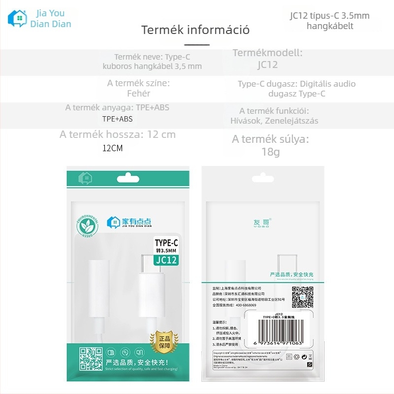 Type-C 3,5 mm adapter kábel, univerzális fejhallgató csatlakozó, JC12, rézmag, 10 cm hosszú, 1:3 osztó