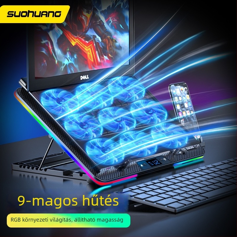 9-ventilátoros laptop hűtőalap, állítható sebesség, RGB világítás, modell N9RGB, műanyag