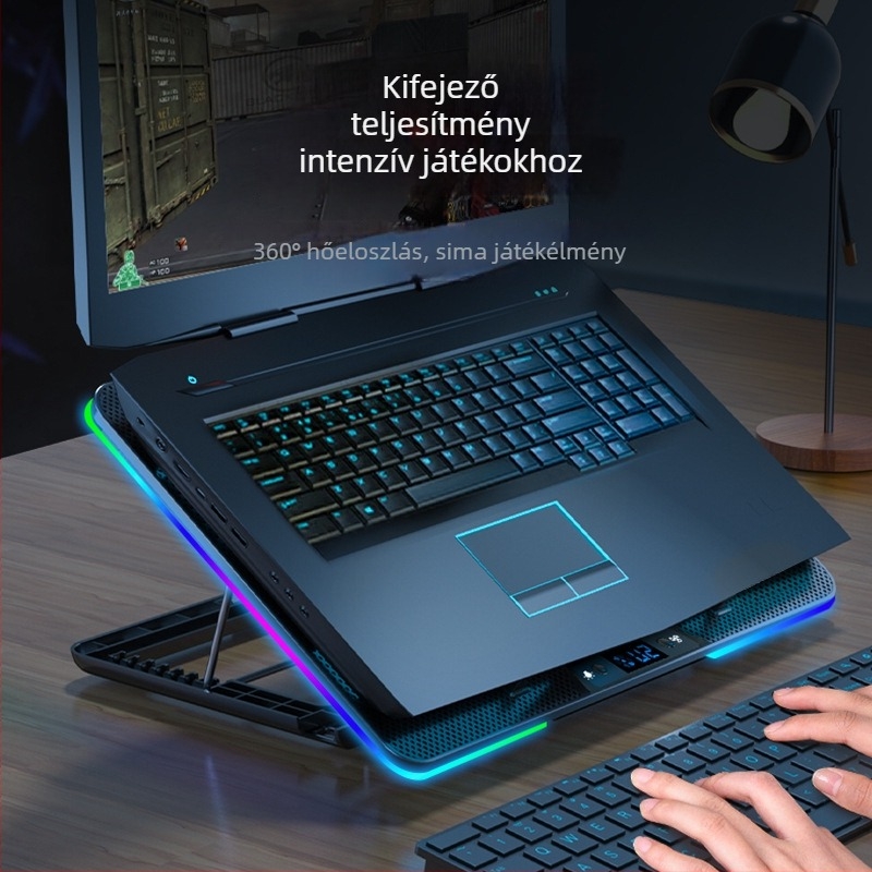 9-ventilátoros laptop hűtőalap, állítható sebesség, RGB világítás, modell N9RGB, műanyag