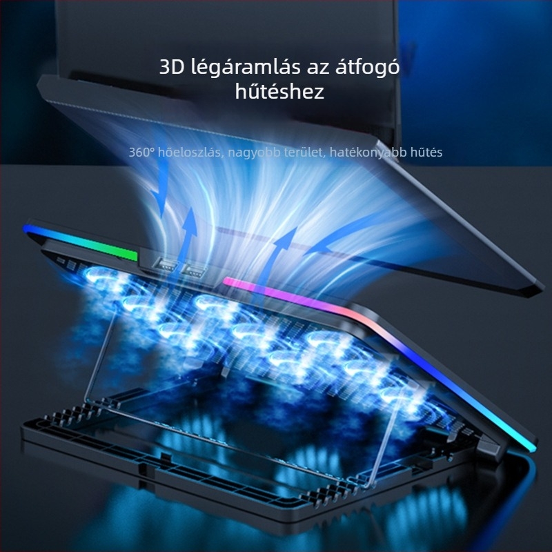 9-ventilátoros laptop hűtőalap, állítható sebesség, RGB világítás, modell N9RGB, műanyag