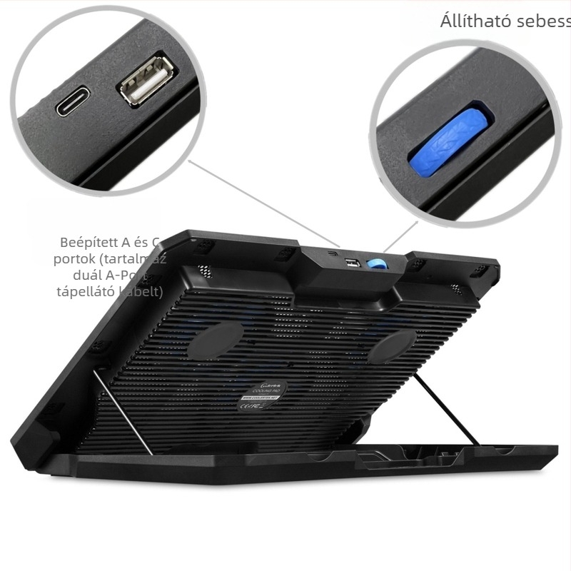 Notebookhűtő S7 három csendes ventilátorral, légáramolásos hűtés, fém háló + ABS