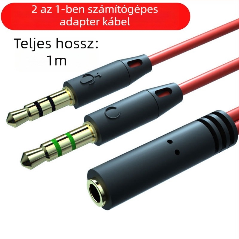 2 az 1-ben headset audio kábel 1-2 splitterrel, rézmaggal, hossz 1 m, audio kimenet
