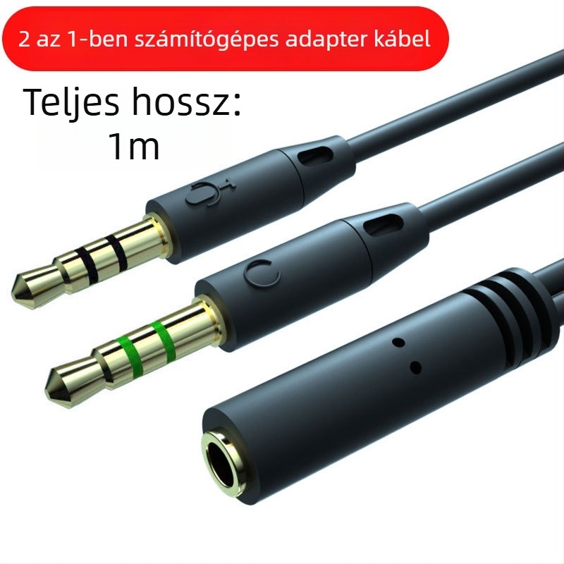 2 az 1-ben headset audio kábel 1-2 splitterrel, rézmaggal, hossz 1 m, audio kimenet