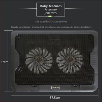 Notebook hűtő radiátor USB tápegységgel, két ventilátorral, levegőhűtés, fém háló, 45 cm kábel