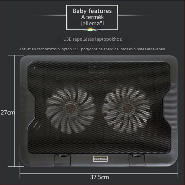 Notebook hűtő radiátor USB tápegységgel, két ventilátorral, levegőhűtés, fém háló, 45 cm kábel