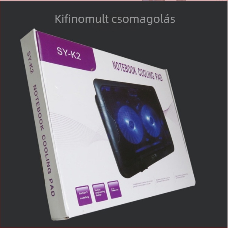 Notebook hűtő radiátor USB tápegységgel, két ventilátorral, levegőhűtés, fém háló, 45 cm kábel