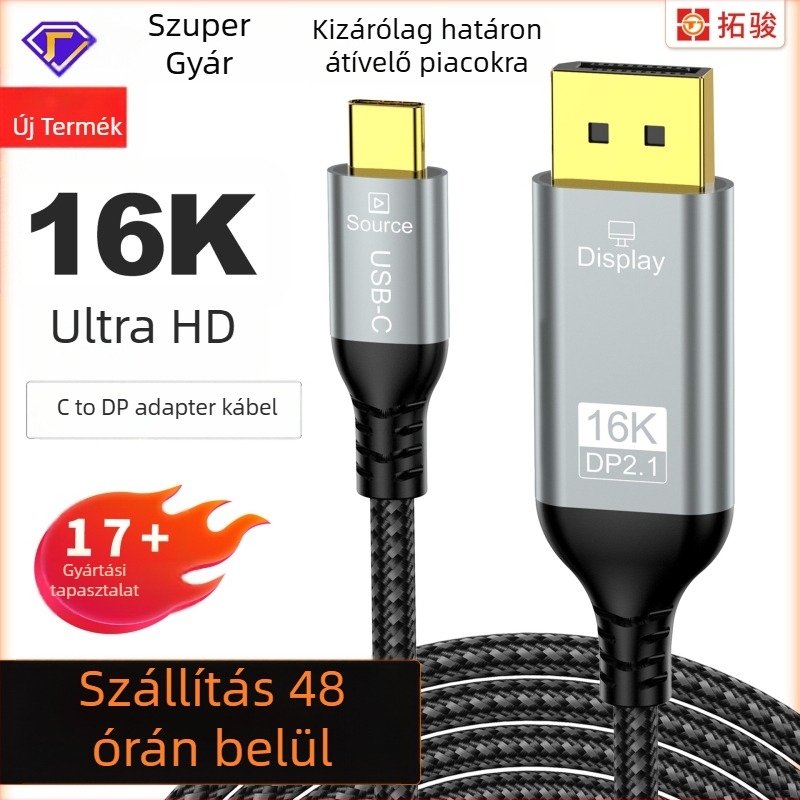 Type-C to DisplayPort adapter kábel telefonos képernyőprojekcióhoz, rézmaggal, 54 Gbps, hossz 1m/2m/3m, modell TJ-A302