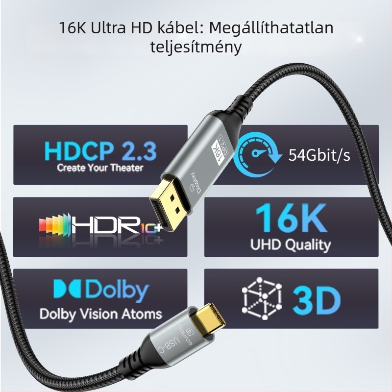 Type-C to DisplayPort adapter kábel telefonos képernyőprojekcióhoz, rézmaggal, 54 Gbps, hossz 1m/2m/3m, modell TJ-A302