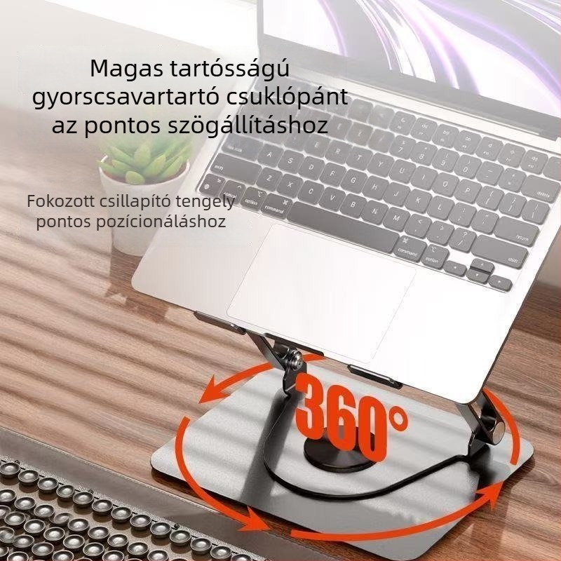 Laptop hűtő állvány 360°-os forgatással, állítható magasság, mágneses rögzítés, levehető ventilátor