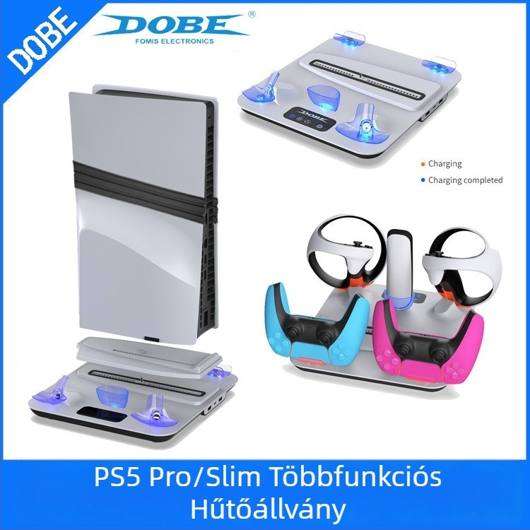 DOBE PS5 Pro/Slim hűtőállvány PSVR2 kontroller töltővel és fejhallgató akasztóval – PS5 Slim, 773 g, 26.5 × 28.1 × 7 cm