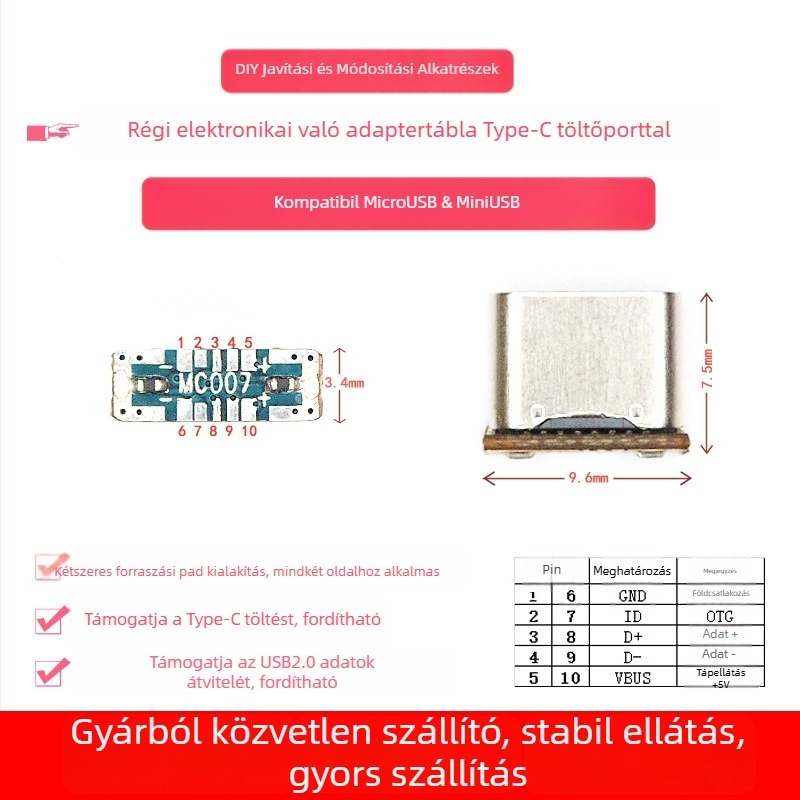 MC007 Micro USB-ról Type-C-re adapter lapkája, USB 2.0, Micro USB csatlakozó, alkalmazás: régi eszközök Micro USB portjának Type-C-re történő átalakítása, réz mag