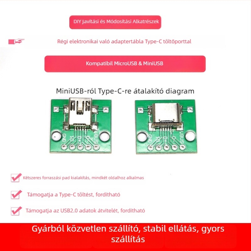 MC007 Micro USB-ról Type-C-re adapter lapkája, USB 2.0, Micro USB csatlakozó, alkalmazás: régi eszközök Micro USB portjának Type-C-re történő átalakítása, réz mag