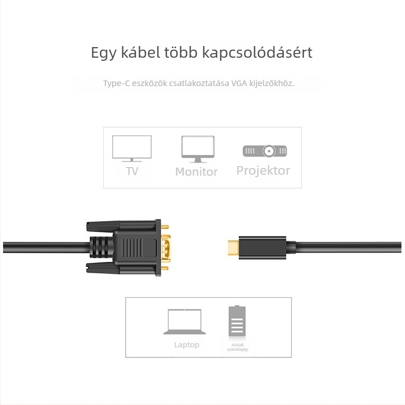 Type-C to VGA adapter kábel USB 3.1, VGA interfész, RTD2166 + DP12580, 10800 Mbps, aranyozott csatlakozók