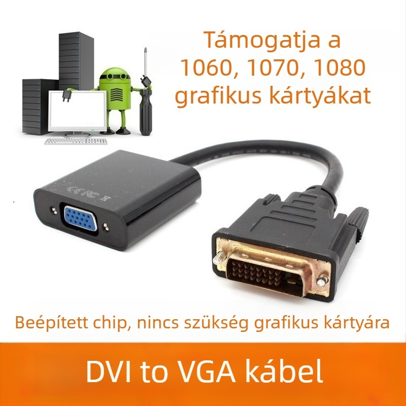 DVI-VGA adapter kábel, rézmaggal, egyfejű, DVI interfész