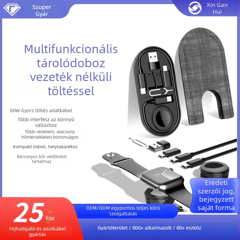 Type-C többportos adapter 1→8-osztóval, portok: Mini USB, Lightning, OTG, Micro USB és Type-C; mágneses rögzítés; akár 60W PD gyors töltés; Apple Watch vezeték nélküli töltésével kompatibilis