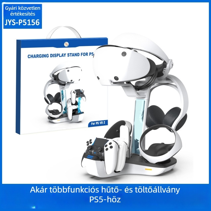 PS5 VR2 kontrollerek és VR headset töltés- és hűtőállvány, szemüveg tároló tartóval, ABS kivitel