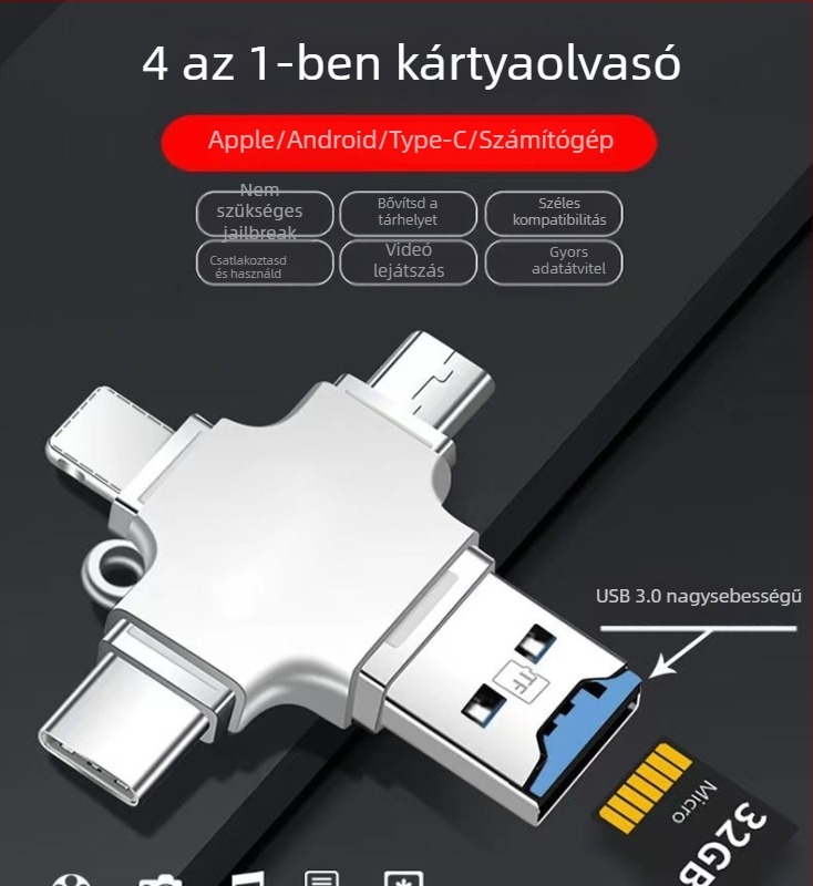 Type-C OTG adapter, négy egyben, több interfész, TF-kártya olvasó támogatással