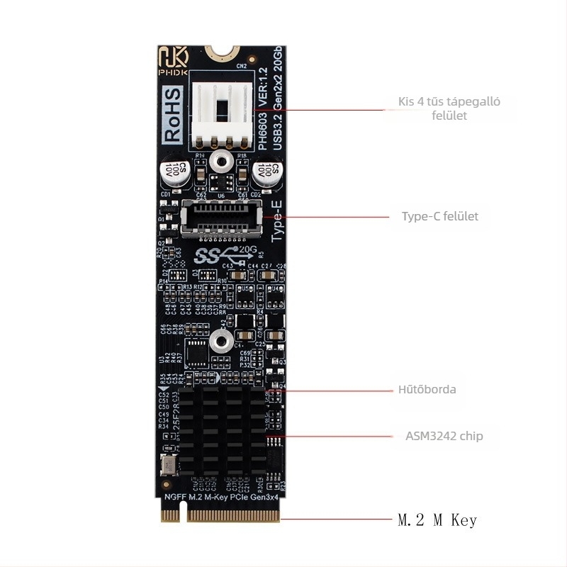 Phdk Ph6603 M.2 NVMe Type-E adapterkártya, ASM3242, 20Gbps interfész