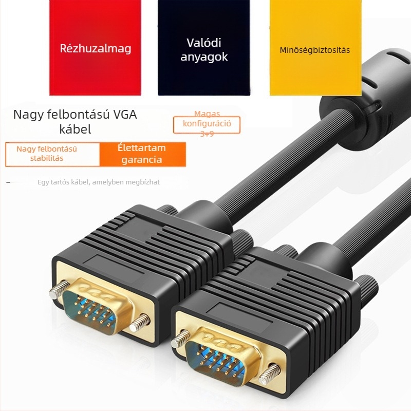 VGA-kábel 3+9, hím-hím, videókábel számítógéphez/TV-hez/monitorhoz, hossz 1,5 m