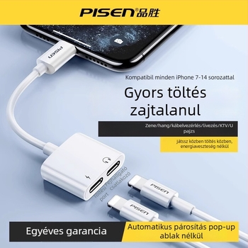 Pisen 2-in-1 adapter iPhone-hoz: töltés és zenehallgatás, kompatibil Apple 7/8/X/XR/11/12/13/14, mobil élő közvetítés