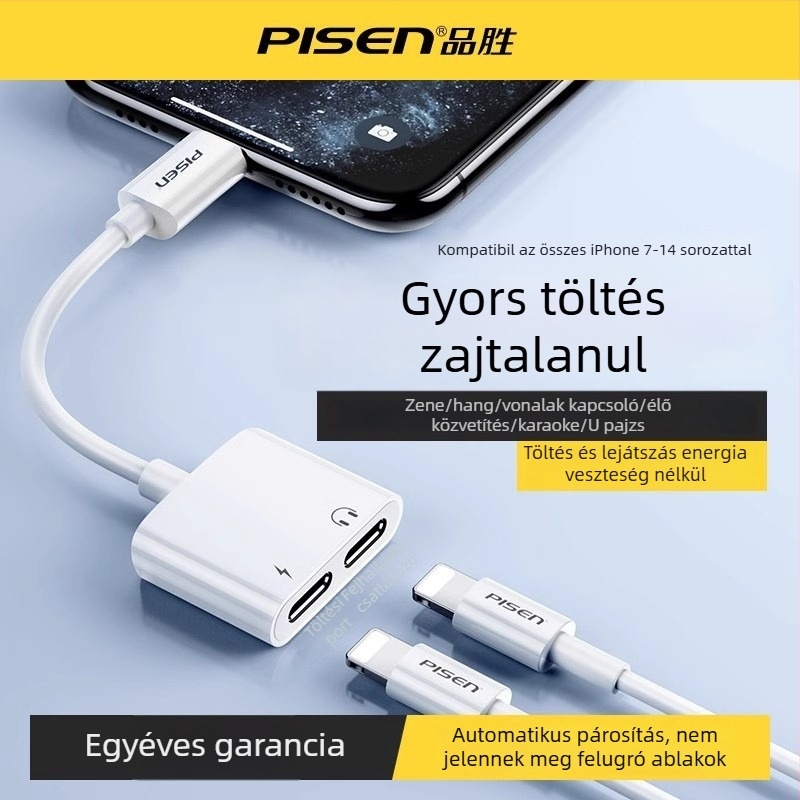 Pisen 2-in-1 adapter iPhone-hoz: töltés és zenehallgatás, kompatibil Apple 7/8/X/XR/11/12/13/14, mobil élő közvetítés