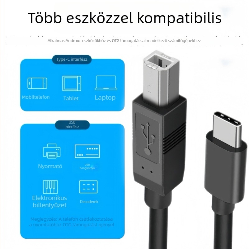 Type-C USB-B nyomtató adatkábel, USB 2.0 gyors, réz vezeték, hossz 0.5–3 m, PC-hez