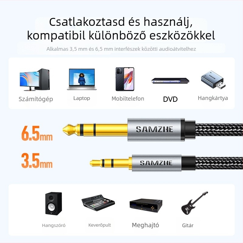 YPZ-10 3,5 mm‑től 6,5 mm‑ig audio adapter, aranyozott bevonattal, elektromos gitár és elektronikus zongora számára, csatlakoztatható erősítőhöz és számítógéphez