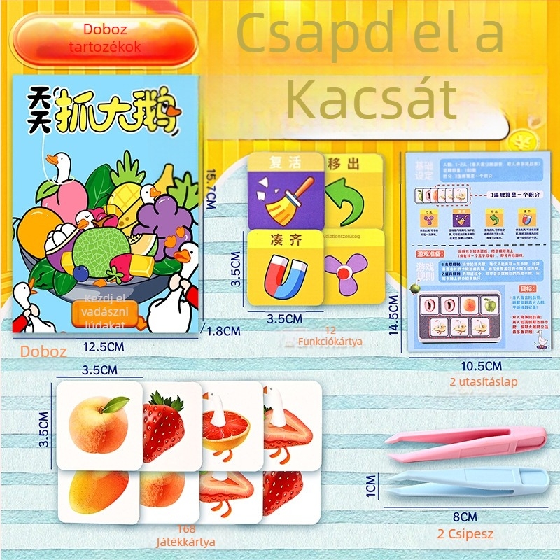 Gyerekeknek szóló többjátékos kártyás puzzle társasjáték macska- és egér témával, papír-plasztik kártyák, dobozos csomagolás, korosztályok 4–6, 7–14 és 15–35