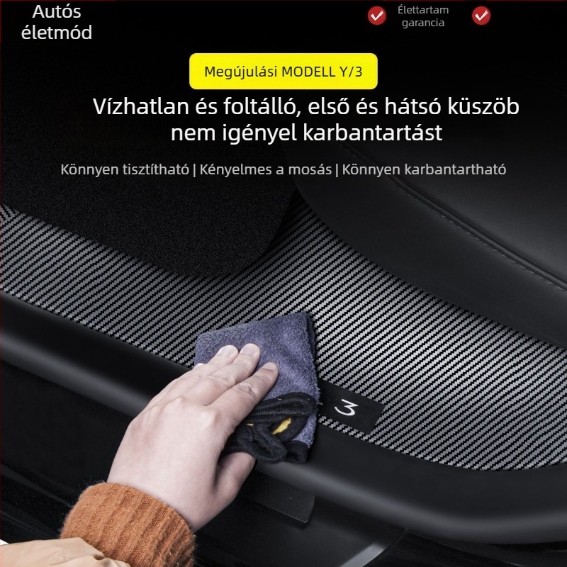 Tesla Model Y első és hátsó ajtó küszöb profilok – lézerrel gravírozott szénszálas mintázatú pedálvédő lemez