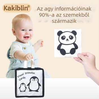 Kakiblin organikus pamut fekete-fehér vizuális kártyák és textilkönyv kisgyermekeknek – pamut, 0–3 év, vizuális stimuláció, szenzoros és kognitív fejlődés, érzelmi fejlesztés