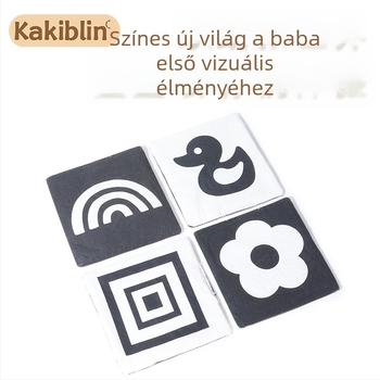 Kakiblin organikus pamut fekete-fehér vizuális kártyák és textilkönyv kisgyermekeknek – pamut, 0–3 év, vizuális stimuláció, szenzoros és kognitív fejlődés, érzelmi fejlesztés