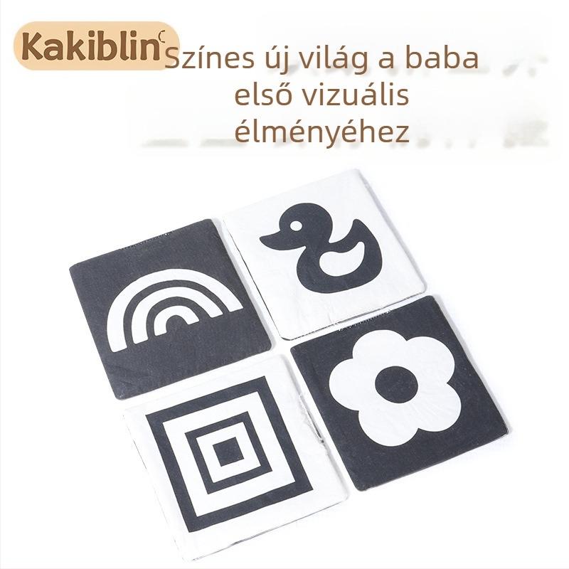 Kakiblin organikus pamut fekete-fehér vizuális kártyák és textilkönyv kisgyermekeknek – pamut, 0–3 év, vizuális stimuláció, szenzoros és kognitív fejlődés, érzelmi fejlesztés