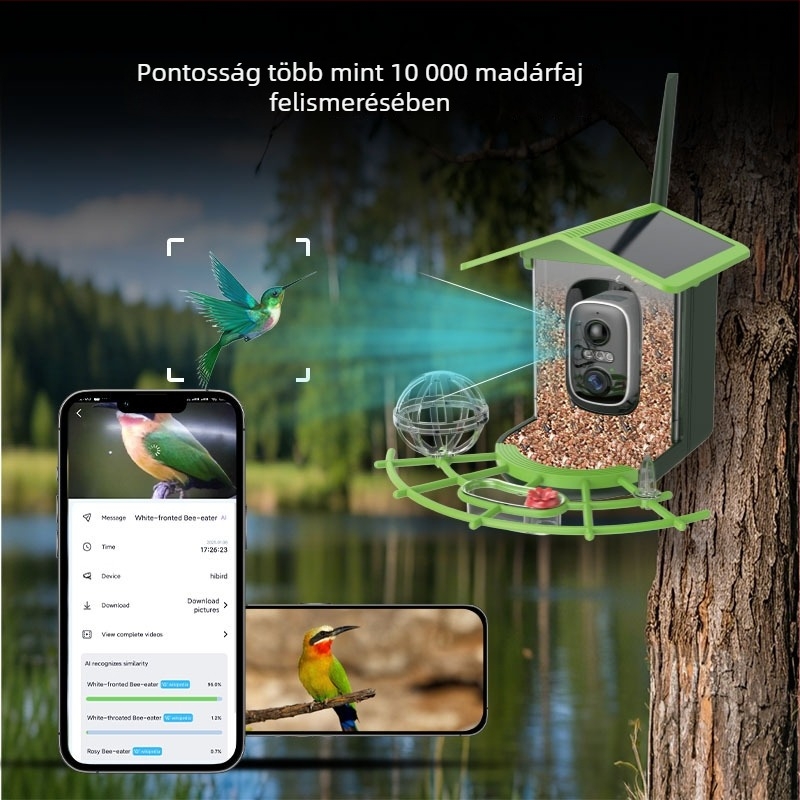 Kültéri vízálló madáretető kamera AI madárfelismeréssel, 4MP/2.5K felbontás, 2.8mm objektív, 5V tápellátás