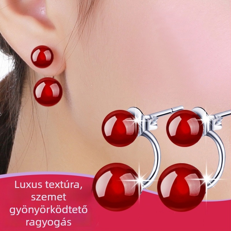 Női szintetikus vörös achát fülbevalók ezüstbevonatú rézből, U-alakú, koreai stílus