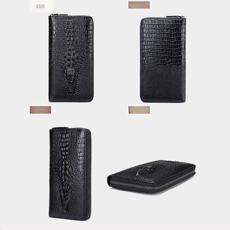 Férfi hosszú pénztárca krokodil mintával, valódi bőr, első réteg tehénbőre, RFID védelem, anti-magnetikus bélés, több kártyatartó