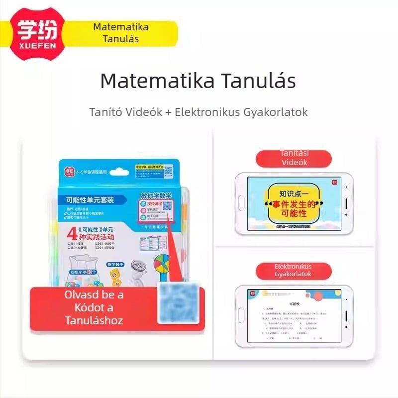 Valószínűségi egység készlet a 4–5. osztályos matematika számára — műanyag oktató készlet spinnerrel, 40 golyóval, 2 dobókockával, tanulási érmével és tároló dobozzal (21 db/doboz, 6 doboz/készlet)