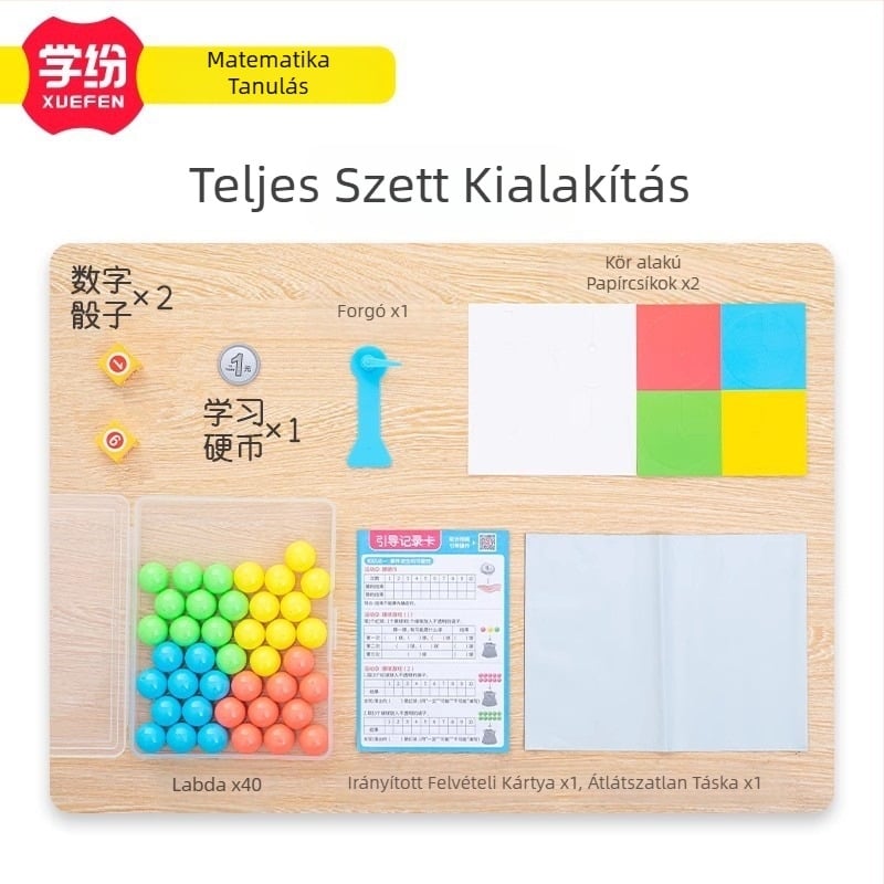 Valószínűségi egység készlet a 4–5. osztályos matematika számára — műanyag oktató készlet spinnerrel, 40 golyóval, 2 dobókockával, tanulási érmével és tároló dobozzal (21 db/doboz, 6 doboz/készlet)