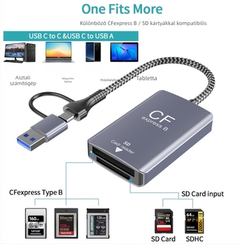 XJF-810 CFexpress Type B + SD kártyaolvasó DSLR fényképezőgépekhez, USB 3.2 Gen 2, 10 Gbps