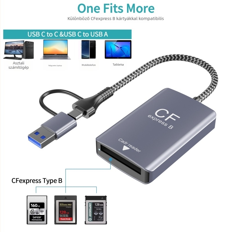 XJF-810 CFexpress Type B + SD kártyaolvasó DSLR fényképezőgépekhez, USB 3.2 Gen 2, 10 Gbps