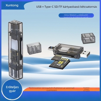 USB-C kártyaolvasó 2-in-1 SD/TF, USB 2.0, átlátszó ABS-PC ház